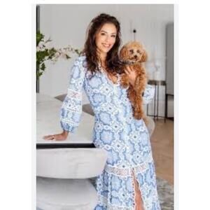 TEMPTATION POSITANO Sz XL Bacco Blue White Floral Linen Dress NWT